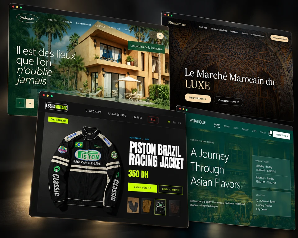 Project showcase featuring Palmeraie, Phantom, Lbsha Vintage and Asiatique websites